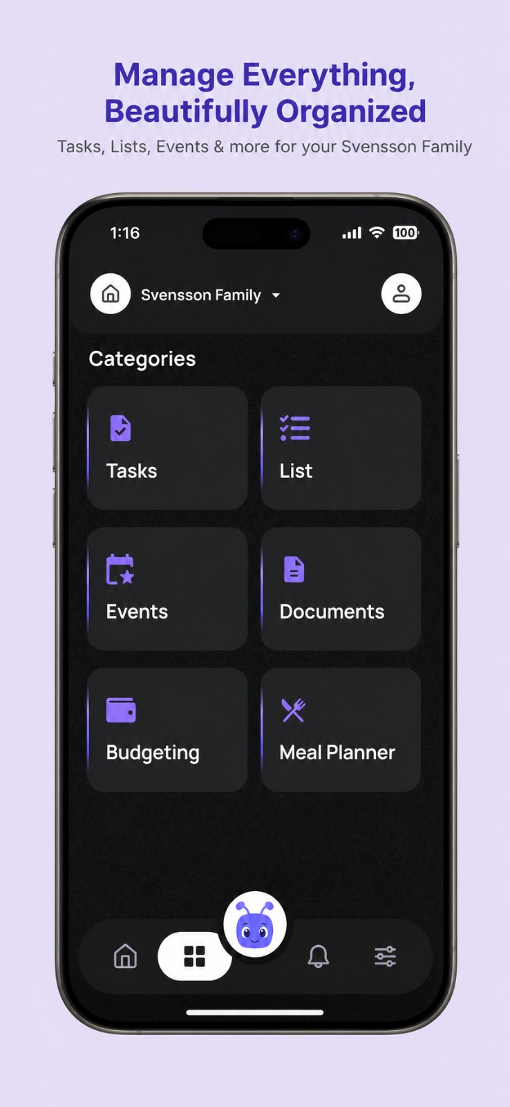 Famant categories screen on a phone: tasks, lists, events, documents, budgeting and meal planner