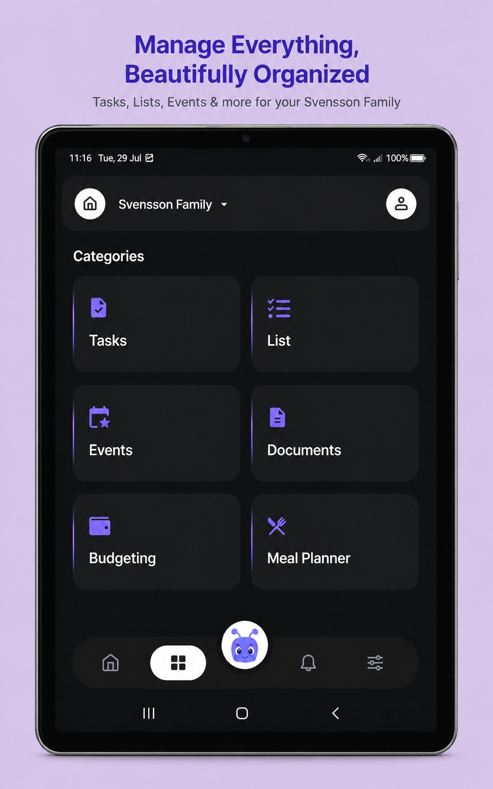 Famant on a tablet showing the family's categories: tasks, lists, events, documents, budgeting and meal planner