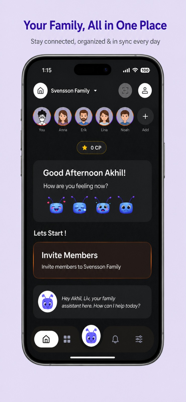 Famant family home screen on a phone: the Svensson family's members, a mood check-in, and Liv, the family assistant, offering to help