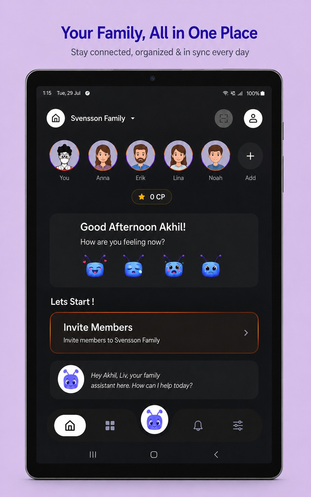 Famant family home screen on a tablet: family members, mood check-in and the Liv family assistant