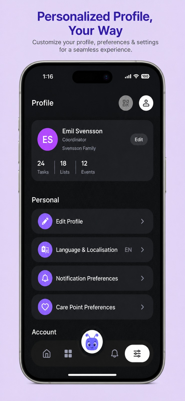 Famant profile screen on a phone with a member's tasks, lists and events counts plus language, notification and preference settings