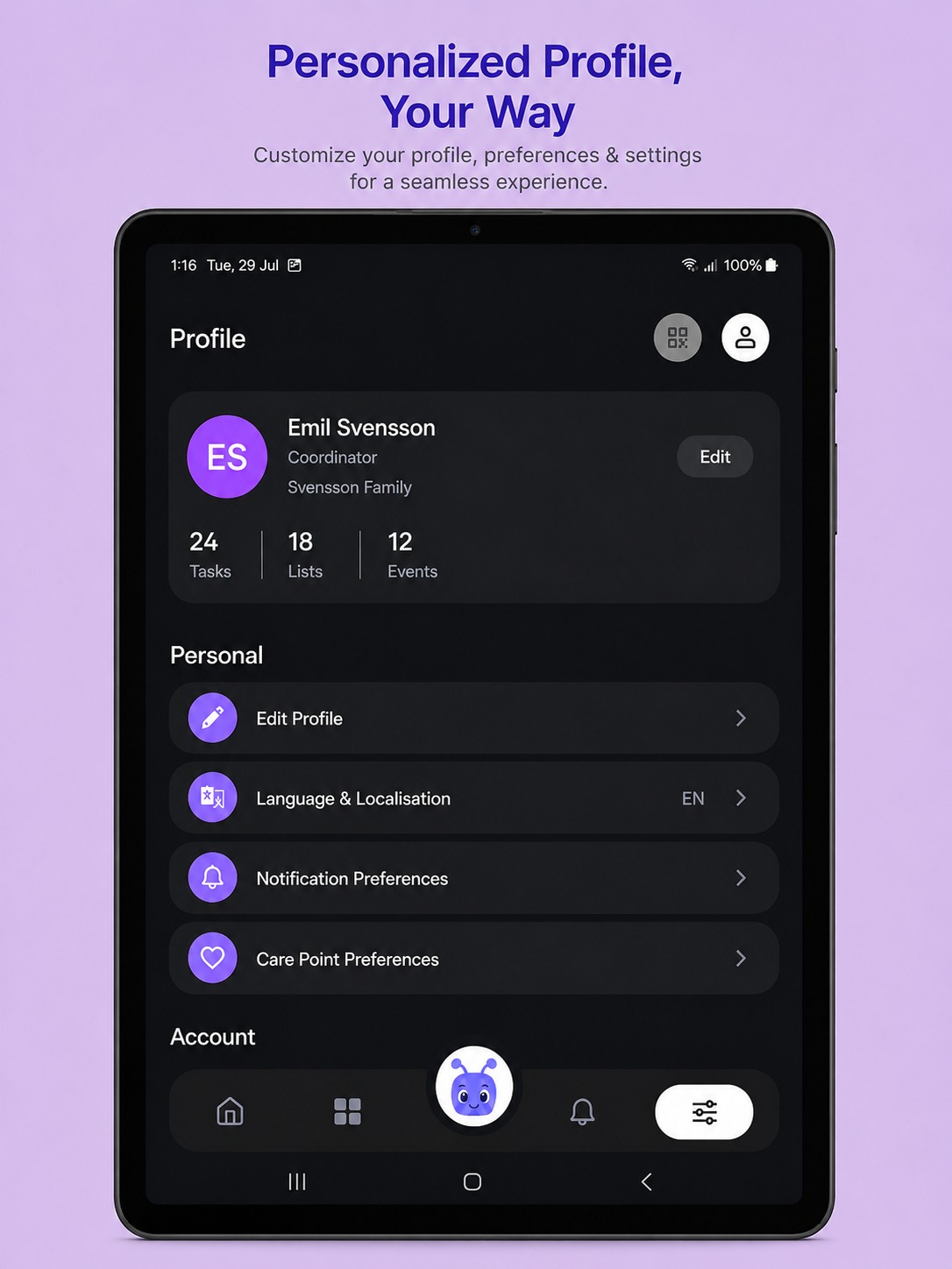 Famant profile screen on a tablet showing profile stats and personal settings